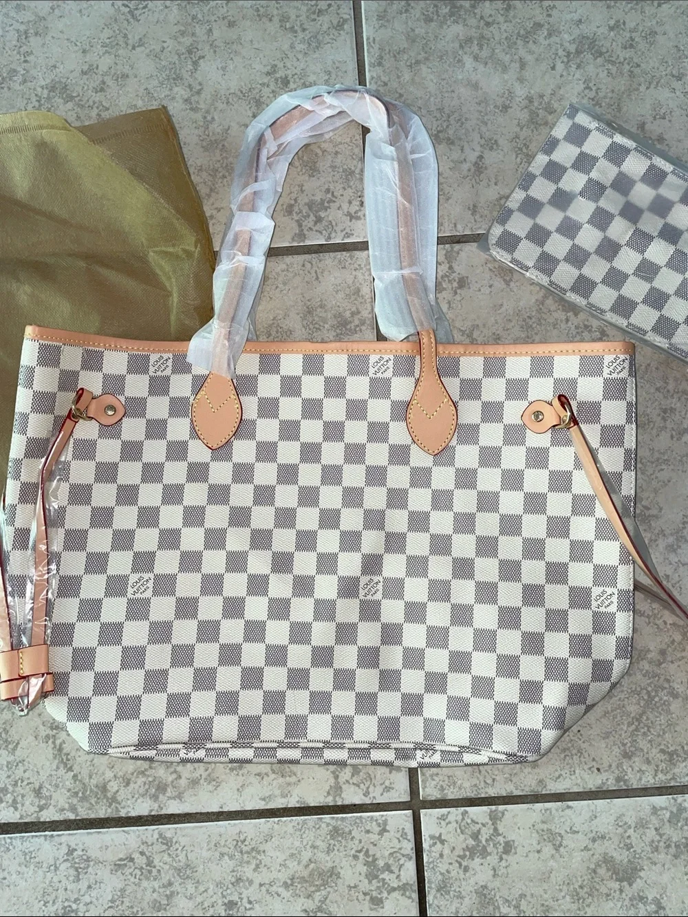 Lookalike Louis grey White Inspired Tote with Pouch shoulder handbag purse